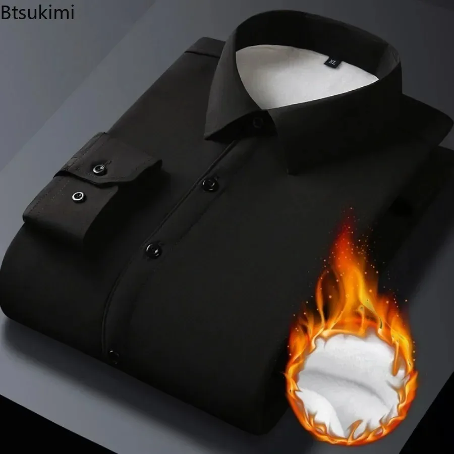 Men's Autumn Winter Long Sleeve Shirts Fleece Stretch Formal Business Office Wear M-5XL