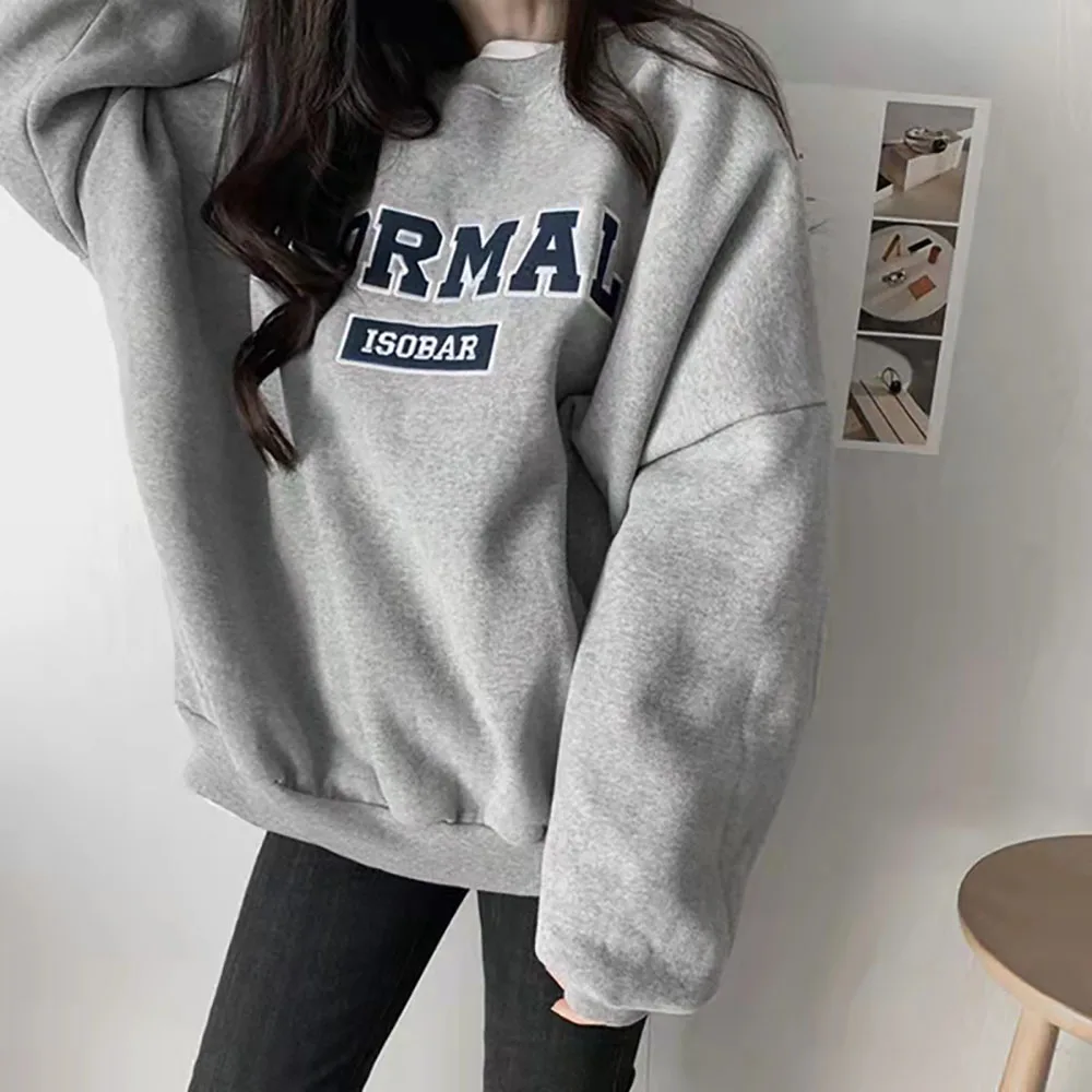 Grey Crew Neck Hoodie For Women Korean Loose Long Sleeve Letter Pullover Tops Spring Fall Casual Simple Fleece Warm Sweatshirt