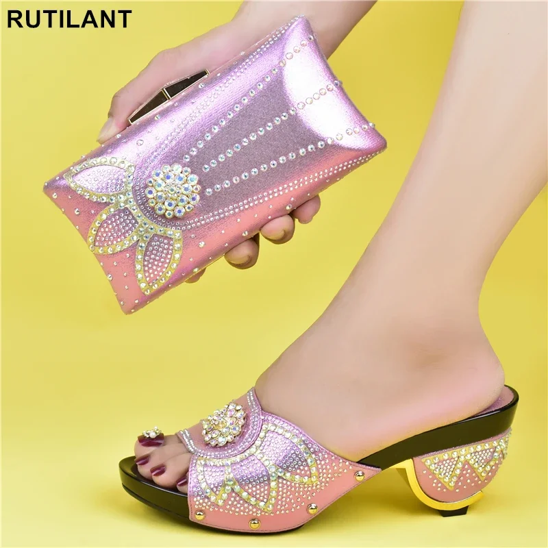 

Pink Shoes and Bag Sets for Women Ladies Italian Shoe and Bag Set Decorated with Rhinestone African Shoe and Bag Set for Wedding