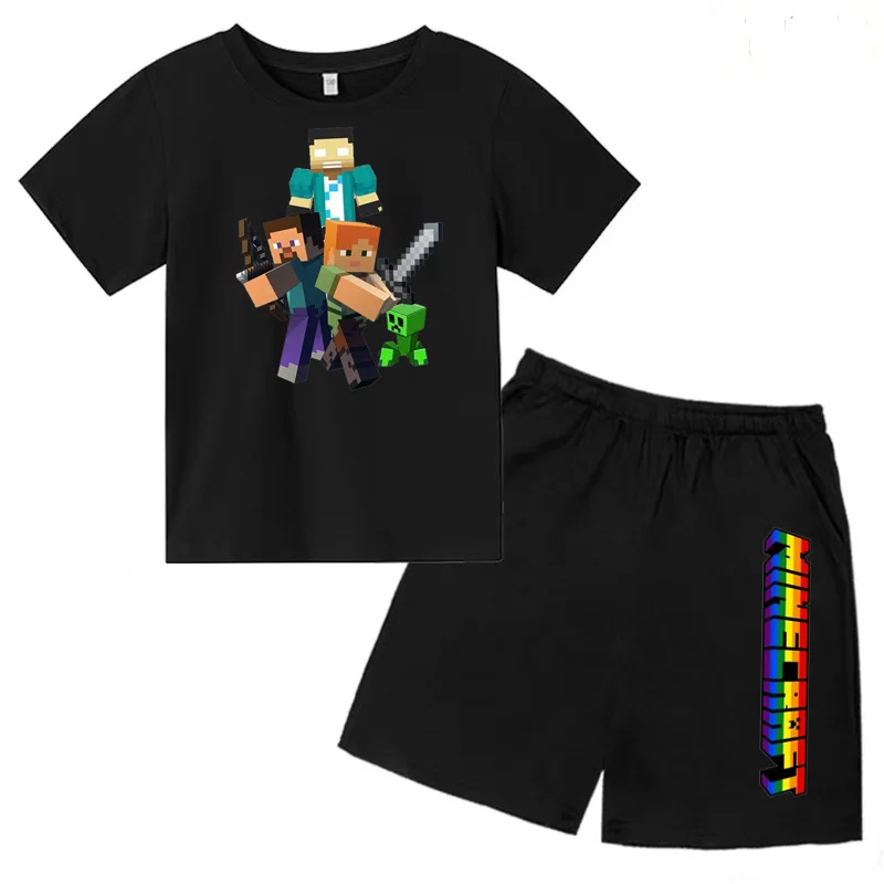Kids Clothing Set Summer Kids T-shirt Set Multicolor Cartoon Print for Boys and Girls Ages 3-13 Casual 2-piece Set
