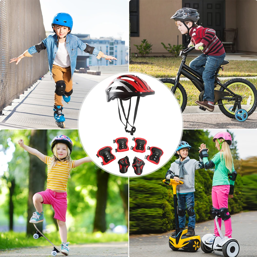 7Pcs Bicycle Sport Protective Gear Set with Wrist Guards Kids Safety Skating Helmet Pad Set Breathable for Boys Girls 5-12 Years