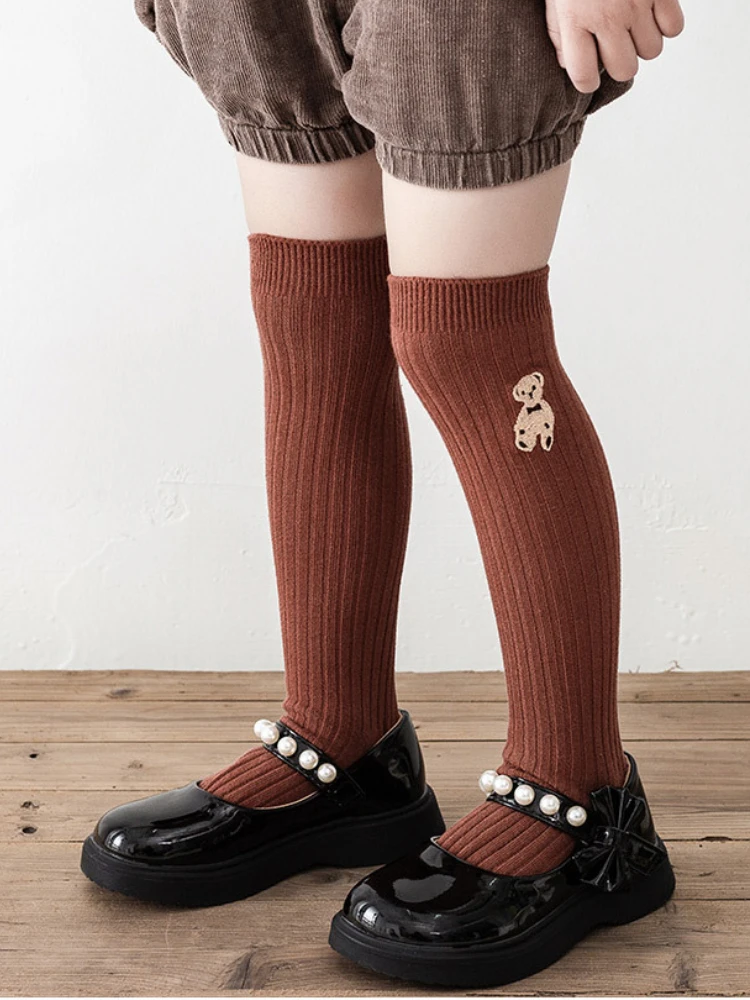 Korean Cartoon Cute Bear Kids Socks White Knee High Long Sock for Toddler Girl Spring Autumn Soft Cotton Children Calf Stocking