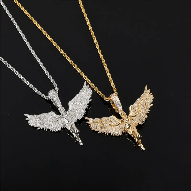 Iced Out Bling Angel Wings Pendant For Men Women Cubic Zirconia Necklace Chain Copper Material Hip Hop Jewelry