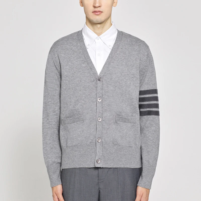 

TB THOM Merino Wool Sweaters Men's Fashion Brand Top Quality Casual Coats Korean 4-Bar Striped Knitted V-Neck Cardigans
