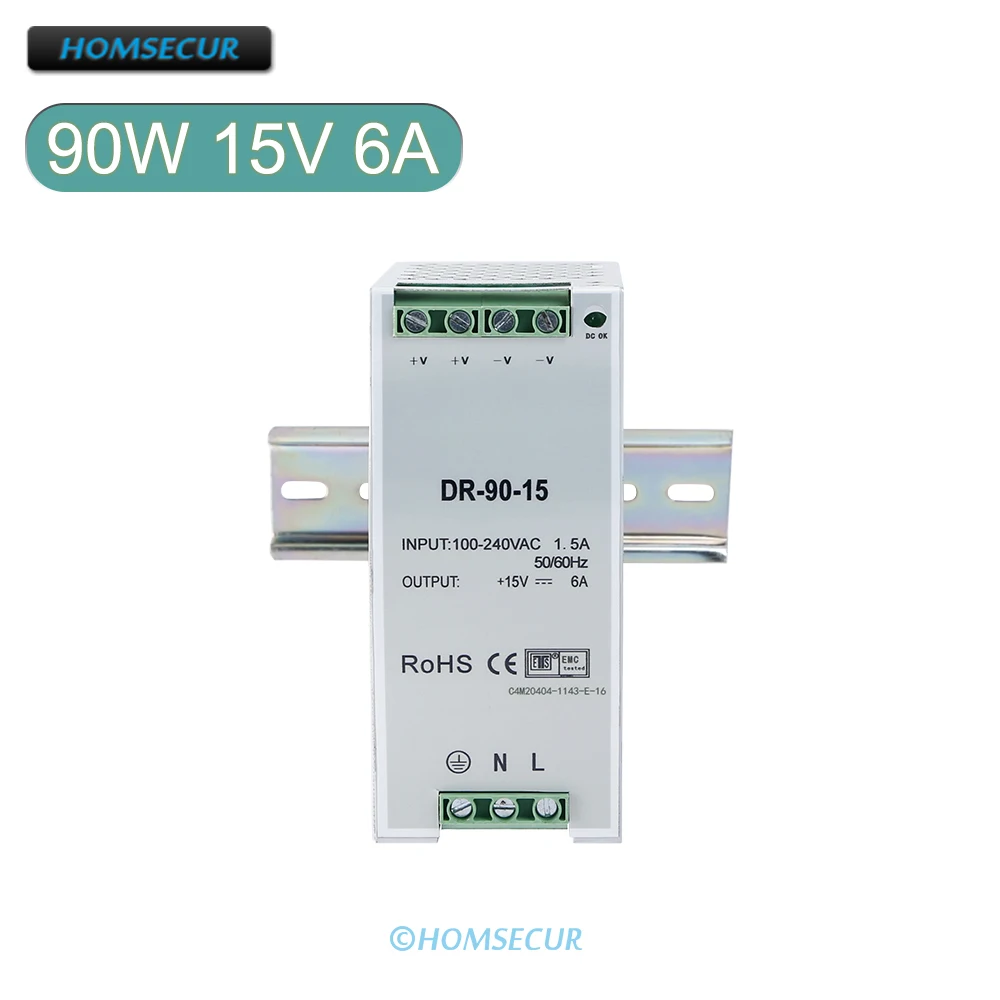

HOMSECUR 100-240V 90W 15V 6A Din Rail Power Supply for Video Doorbell Intercom Access Control