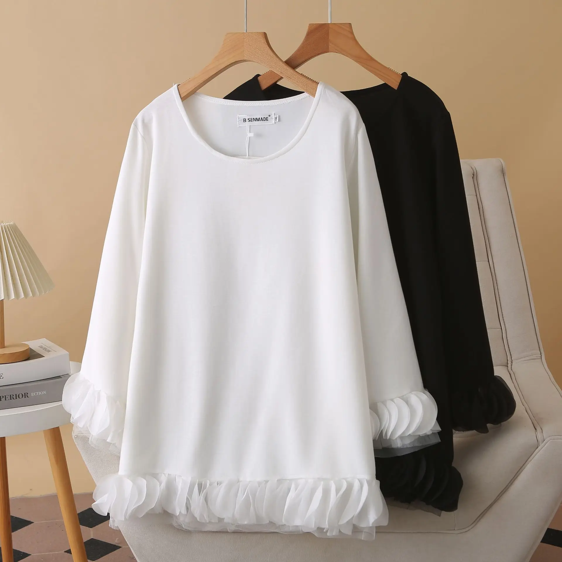 Fashion Plus Size Women's T-Shirt Autumn New Style Long Sleeve Modal Scuba Knitting Fabric Three Dimensional Lace Tops 1705