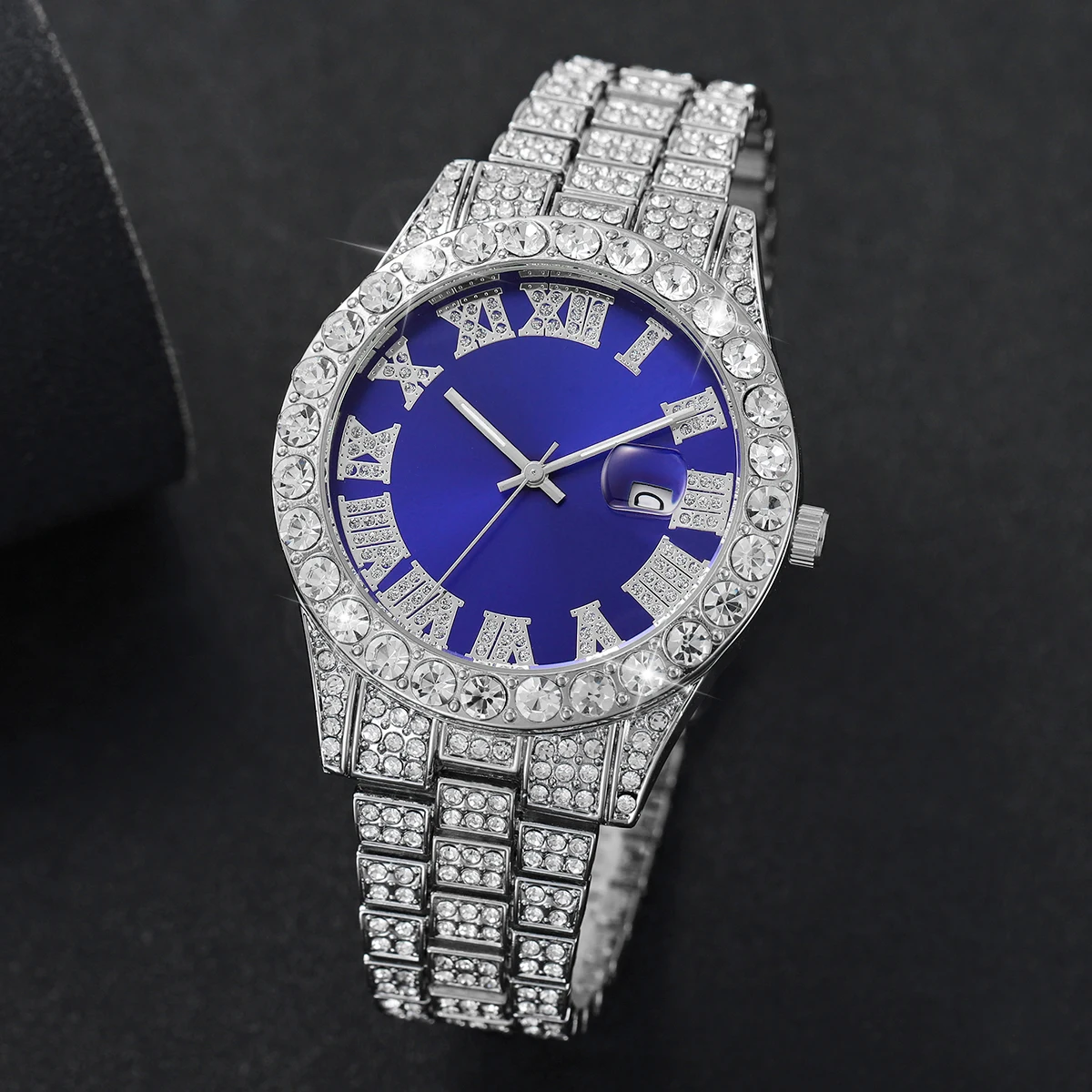 2PCs/Set Men's Fashion Watch Men's Luxury Diamond studded Steel Belt Quartz Watch with Necklace Set