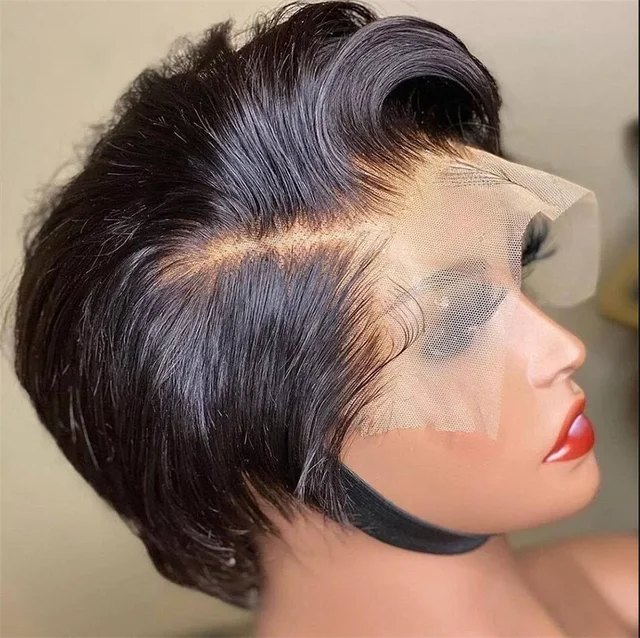 Perruque coupe lutin droite dentelle transparente cheveux humains 13 × 4 perruques de cheveux humains perruque courte Bob pour femme noire Babyhair naissance des cheveux naturelle 1