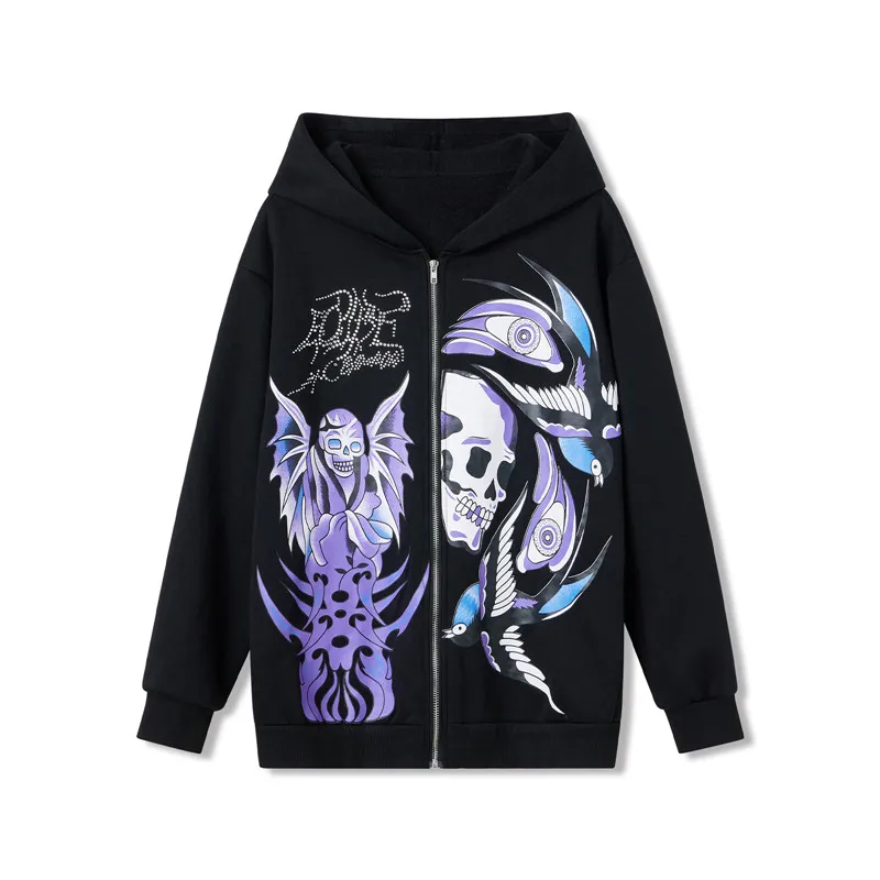 

Y2k Skeleton Full Zip Up Hoodies Autumn Spring Women Men Skull Graphic Print Sweatshirt Gothic Oversized Jackets Coat Streetwear
