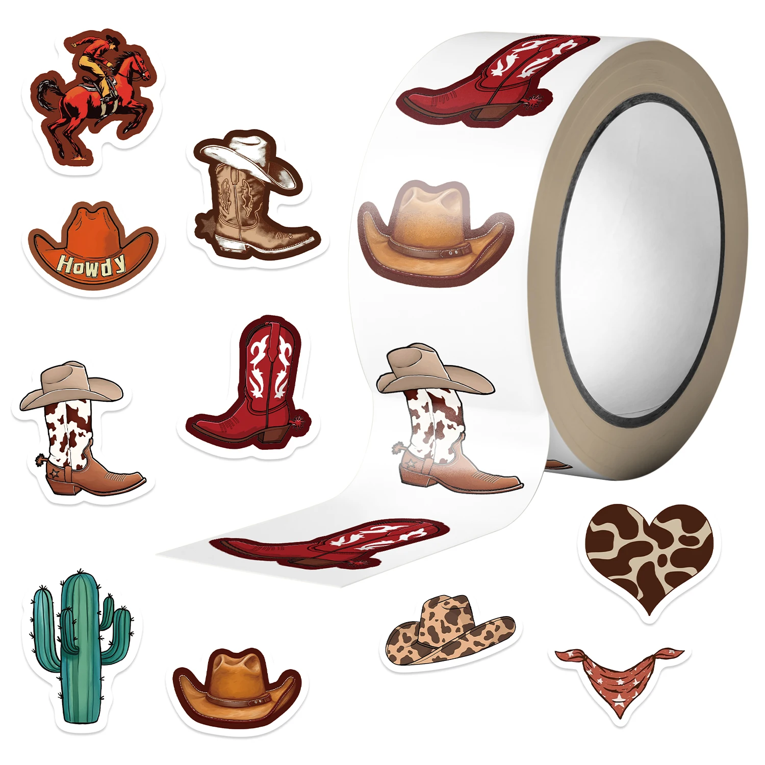 500Pcs Cowboy Boot Roll Stickers Aesthetic Waterproof for Water Bottles Skateboards Laptops Phones Journaling Scrapbooking