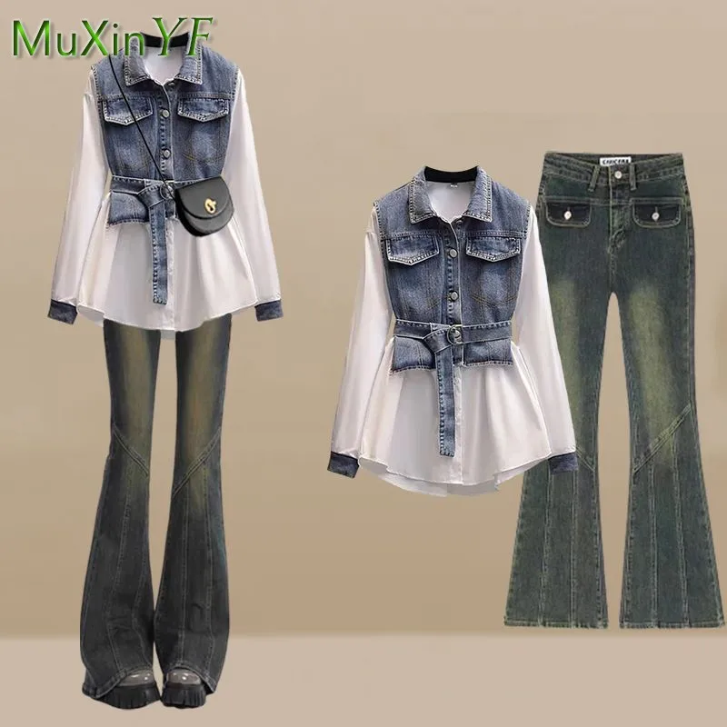 2024 Spring New Korean Elegant Spliced Shirt Top+High Waist Jeans Two Piece Women's Casual Blouse Denim Pants Matching Set