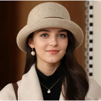 Autumn Winter Woman New Korean Style Felt Hat Round Top Fashion Upturned Brim Small Top Hats Women Wool Basin Caps
