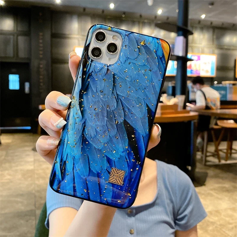 Luxurious Marble Silicone Epoxy Glitter Phone Case with Gold Foil Feather Design