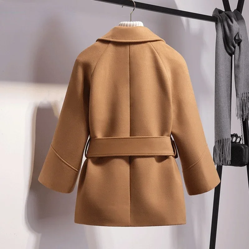 Khaki Blends Coats Autumn Winter Warm Casual Outwear Office Lady Solid Colors Big Sashes Pockets Lapel Jackets Overcoats Cloaks