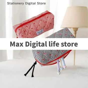 Cute Cherry Plaid Large Capacity Pencil Case Student Stationery Bag Ladies Cosmetic Bags Portable Clutch Purse Storage Bag Gifts