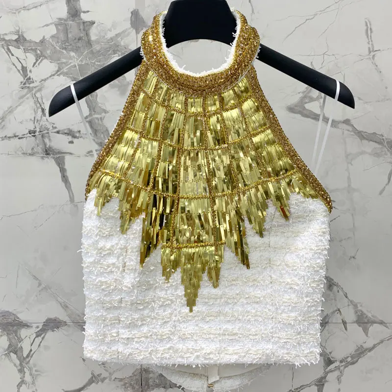 

23New Woolen Halter Vest Fashion Rhombic Tablet Diamond Round Neck Heavy Work Top Sexy Elegant Women High Quality Zipper Clothes