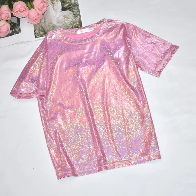 Womens Sparkly Shiny Metallic 홀로그램 라운드 넥 반팔 캐주얼 루즈 탑 축제 파티 티 셔츠 여성 의류