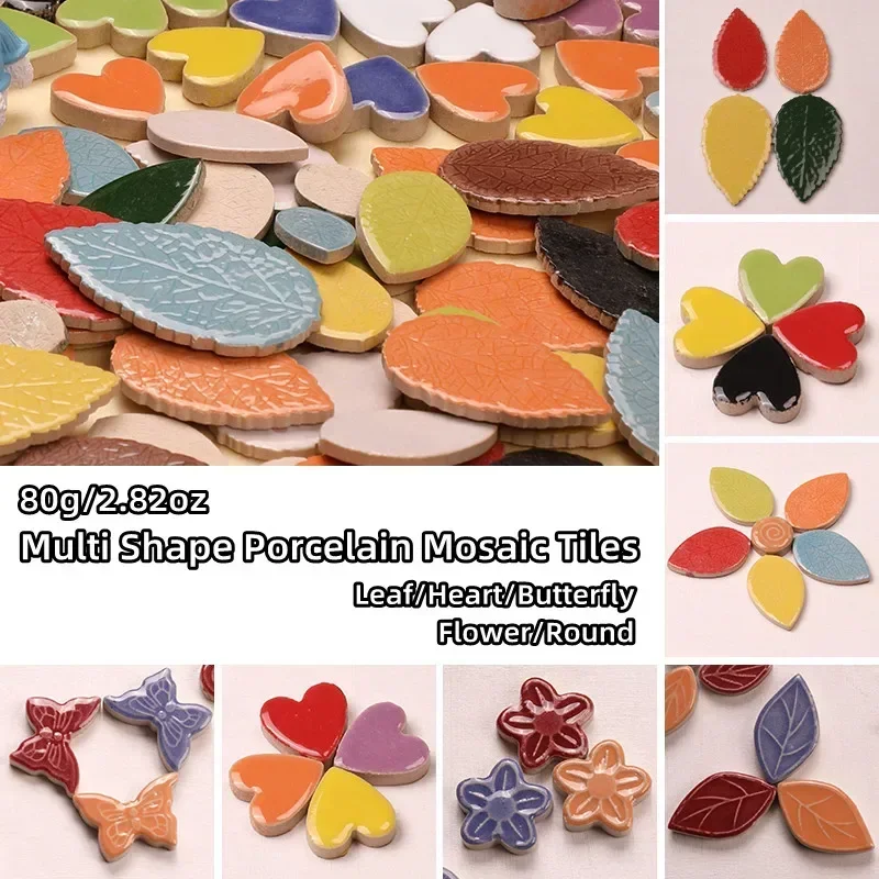 diy mosaic supplies 80g/2.82oz Leaf Shape Porcelain Mosaic Tiles Heart/Butterfly/Flower/Round Ceramic Mosaic Stone DIY Crafts Materials Multi Color