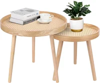 Round Coffee Table Set of 2, Natural Boho Coffee Table, Small Mid Century Modern Rattan Coffee Table, Boho Side Table End Tables 1