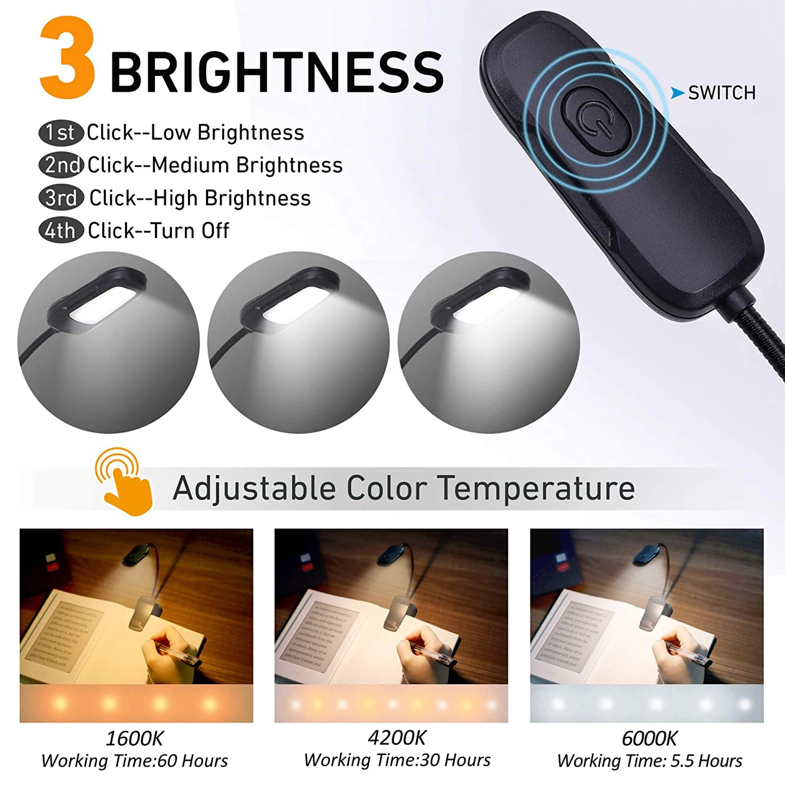Reading Lights for Books in Bed Portable Clip-on LED USB Rechargeable Lamp Eye-protection in 3 Colors & 3 Brightness for Kids