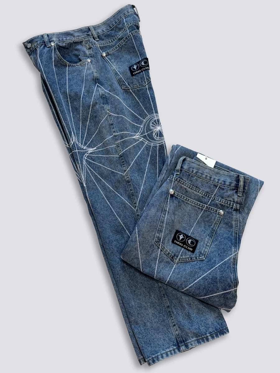 Blue Thug Club Embroidery Spider Web Pattern Jeans Men Women High 