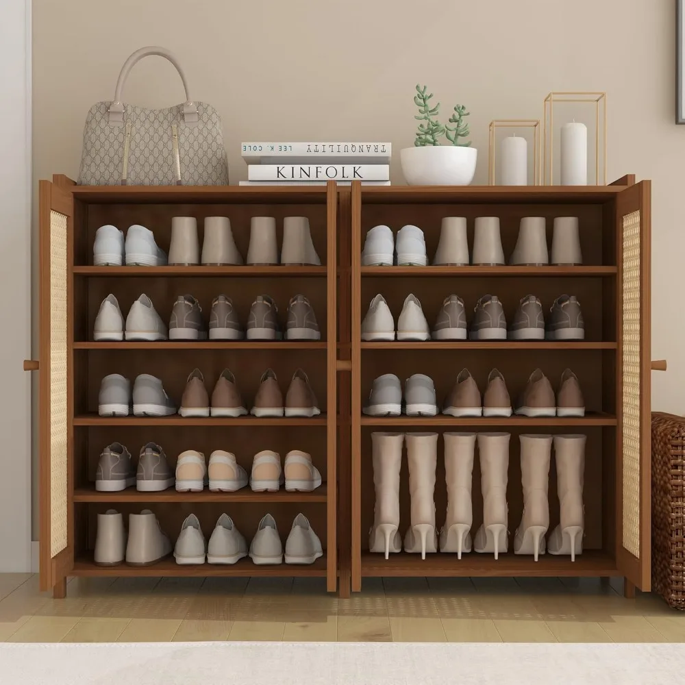 6-Tier Rattan Shoe Cabinet with Doors, 27 Pairs Storage for Entryway Hallway Living Room, Large Capacity Farmhouse Style