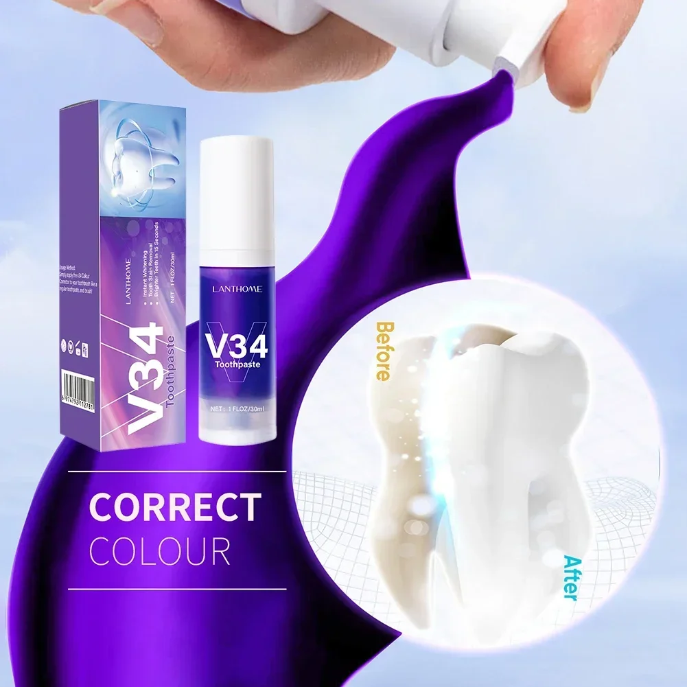V34 Colour Corrector Teeth Whitening Toothpaste Oral Cleaning Repair Fresh Breath Remove Stain Adult Oral Care Ingredient Safety