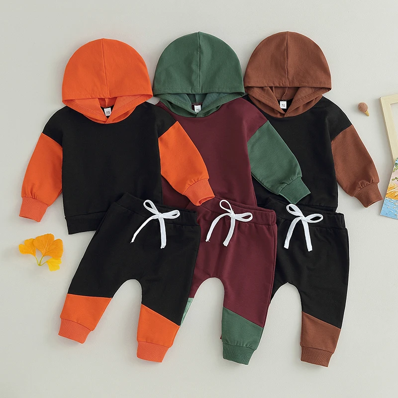 

2023-07-05 Lioraitiin 0-3Years Baby Boy 2Pcs Outfits Contrast Color Long Sleeve Hoodie Sweatshirt and Elastic Toddler Pants