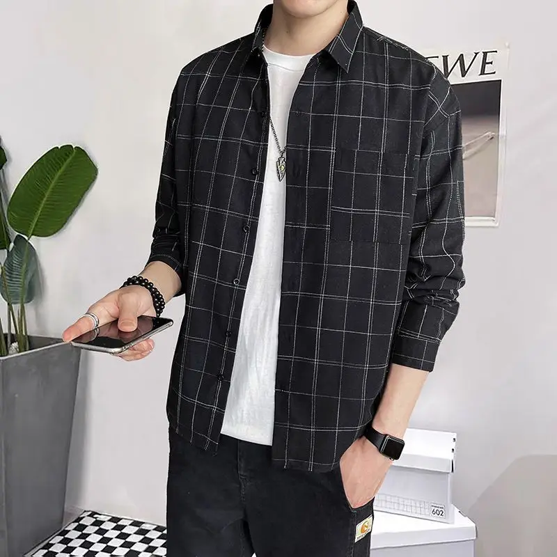 thumbnail image 1 of Camisa y blusa para hombre, manga larga, para hombre, con bolsillo, a cuadros, marca barata, botones, ropa de lujo original, estética social, cuello, 1 of 5