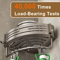 ชั้นวางของในห้องอาบน้ำรูปสามเหลี่ยมพร้อมตะขอ ติดตั้งด้วยถ้วยดูด ไม่ต้องเจาะผนัง ชั้นวางของในห้องน้ำอะลูมิเนียมสำหรับวางแชมพู สบู่ และของใช้ในครัว 2