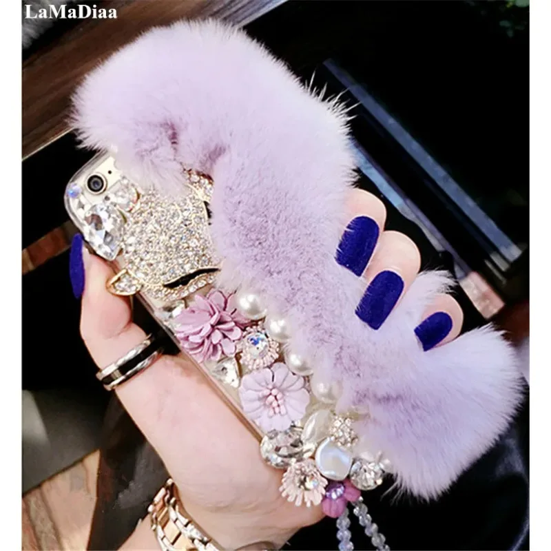 

LaMaDiaa-Cute Fluffy Rabbit Fur Protective Phone Case, Bling Diamond Cover for iPhone 11 12 13 14 15 Pro MAX