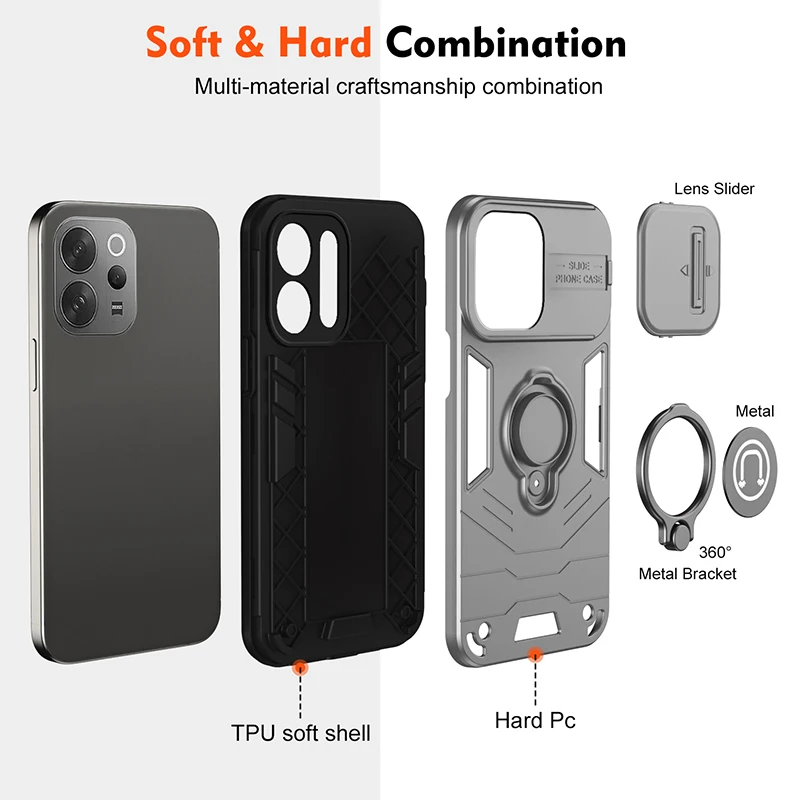 Popular Magnetic Ring Phone Case with Heavy Duty Armor and Camera Slide Cover for Enhanced Anti-Fall Protection