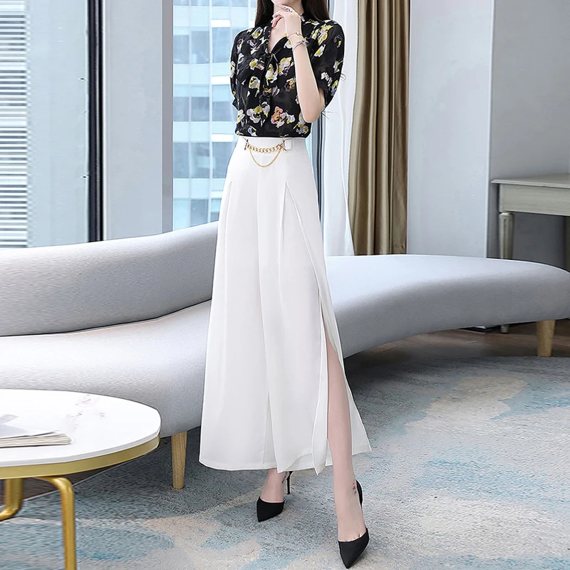 

Elegant Pants Suit Women Summer Short Sleeve Bow Lace-Up Collar Print Blouses Top And Wide Leg Trousers Suit Loose Two Piece Set