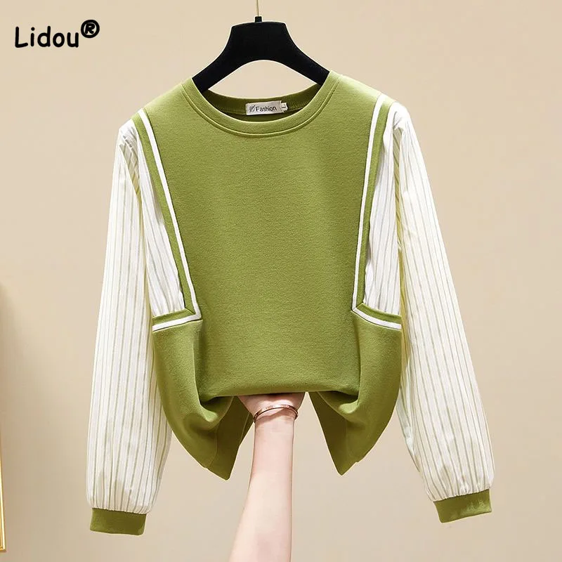 Fashion Loose Striped Spliced Sweatshirts for Female Spring Autumn Casual Trend Round Neck Fake Two Pieces Tops Women's Clothing