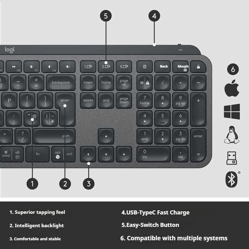Logitech Mx Keys S Wireless Bluetooth Keyboard Type-C Charging Office 104 Key Charging Backlit Mute Portable Business For Laptop 3