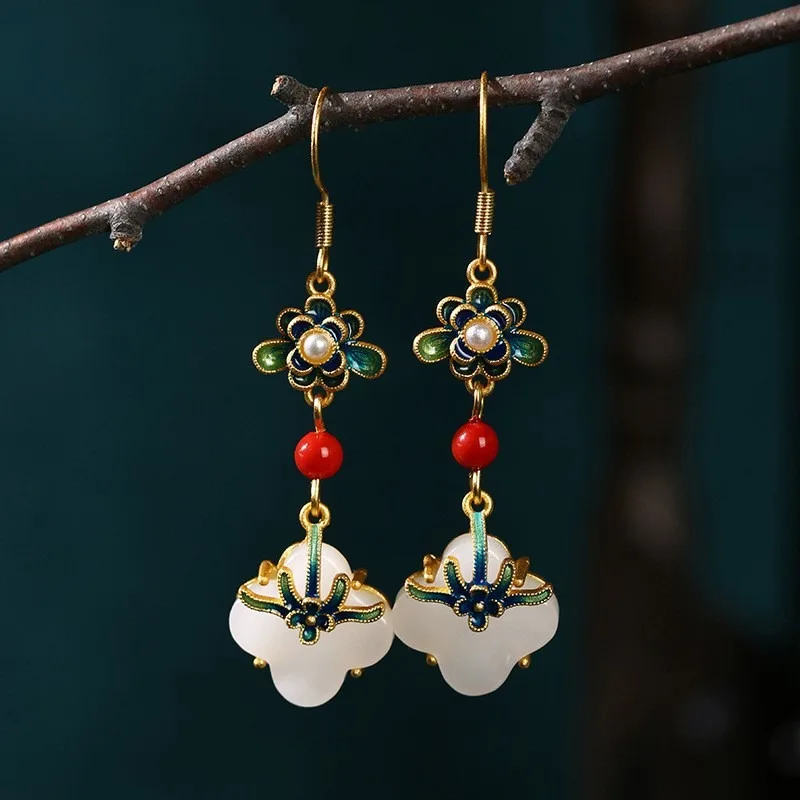 Chinese Trend Gold-plated Imitation Jade Pendant Jewelry Women's Vintage Enamel Earrings Palace Ethnic Style Accessories
