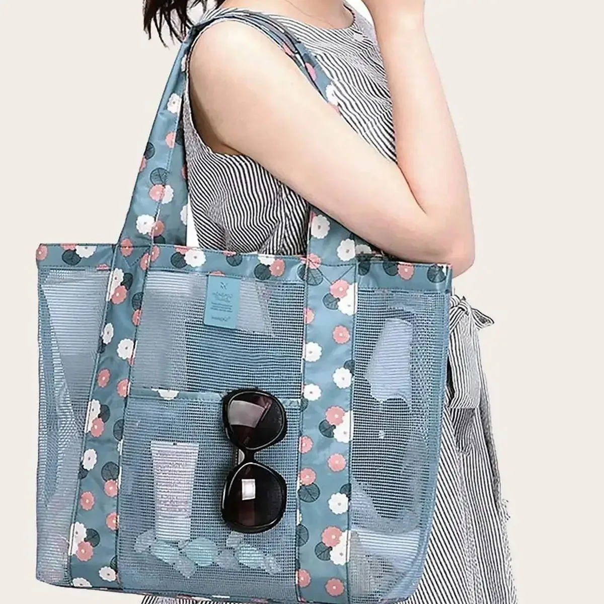 Portable Mesh Bag Single Shoulder Large Capacity Beach Bag Clothes Storage Bag Tote Bag with Zipper Outdoor Travel Storage Bag