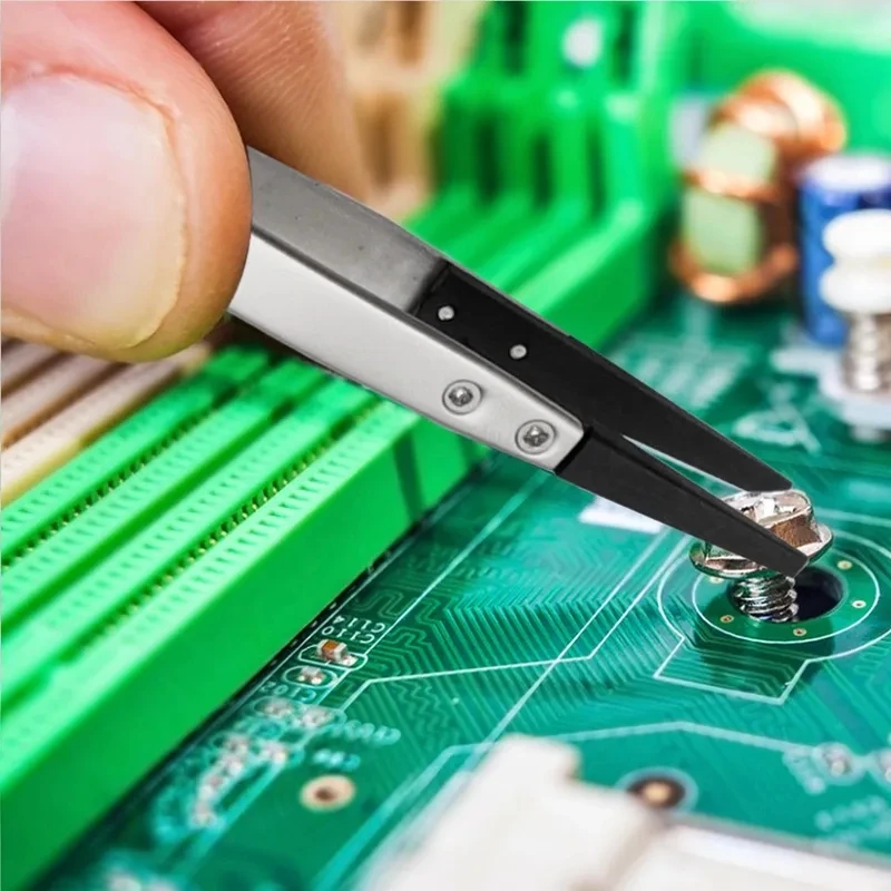 1 조각 정전기 방지 ESD 핀셋 교체 가능한 핀셋 팁 스테인레스 스틸 바디 탄소 섬유 전도성 플라스틱 핀셋