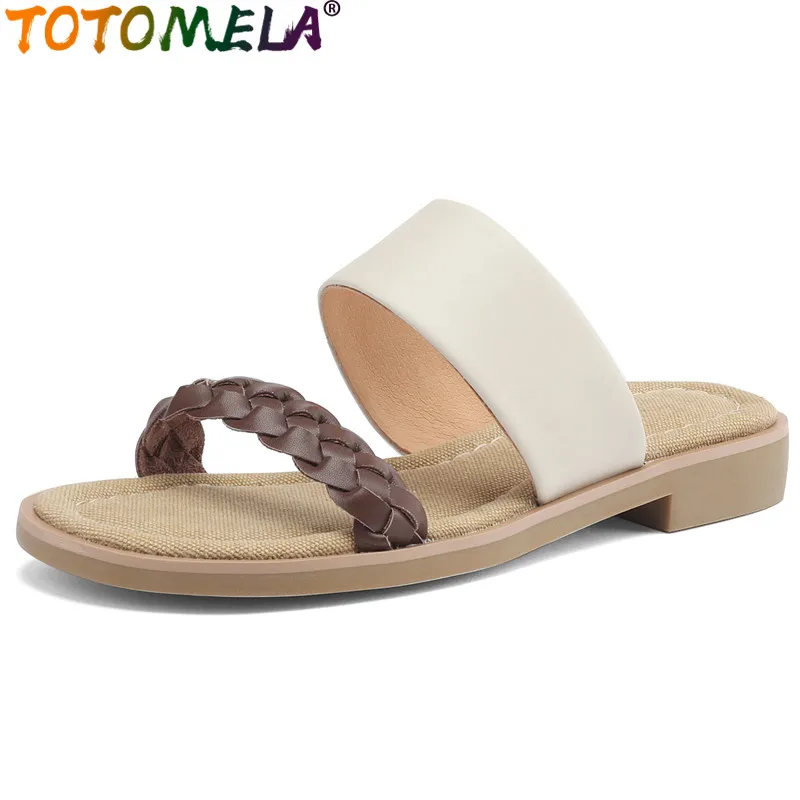 

TOTOMELA 2024 New Mixed Colors Genuine Leather Slippers Ladies Casual Women's Slippers Vintage Square Low Heels Shoes