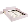 Modern Full Size Upholstered Grounded Bed Mother & Child Bed Velvet Fabric Upholstered Floor Platform Bed with Bedside Desk 6