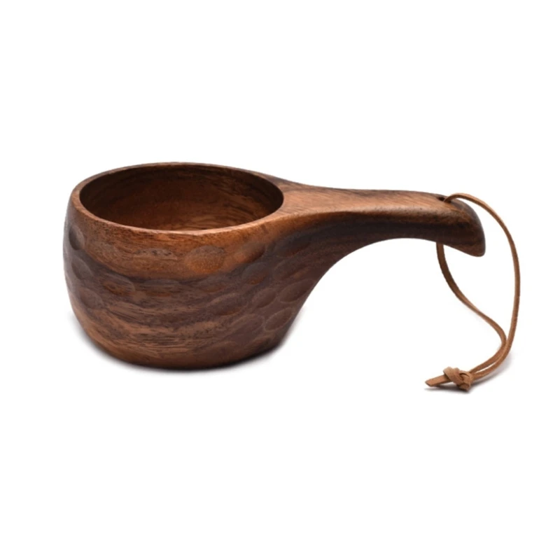 Kuksa 휴대용 커피 머그잔, 아카시아 나무 손잡이, 소가죽 로프 후크, 주스 우유 컵, 커피 마시는 컵, 음료용기