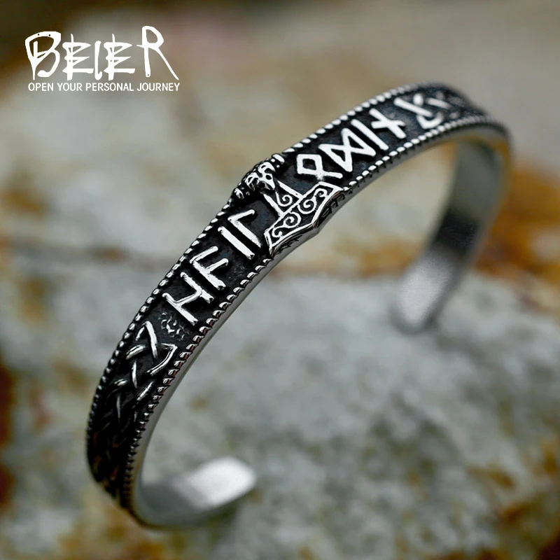 Beier Norse Viking Pulseira Masculina, Pulseira de Amuleto Runas, Mito Nórdico, Joias Thor Hammer, Aço Titânio, Nova Moda, 2023