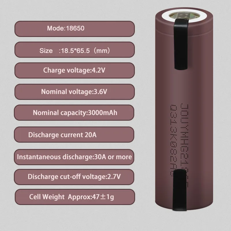 Bateria Recarregável do Poder da Descarga Alta do Lítio Tiras Soldadas do Níquel Hg2 18650 3000mah Hg21865 3.7v 20a - Image 5