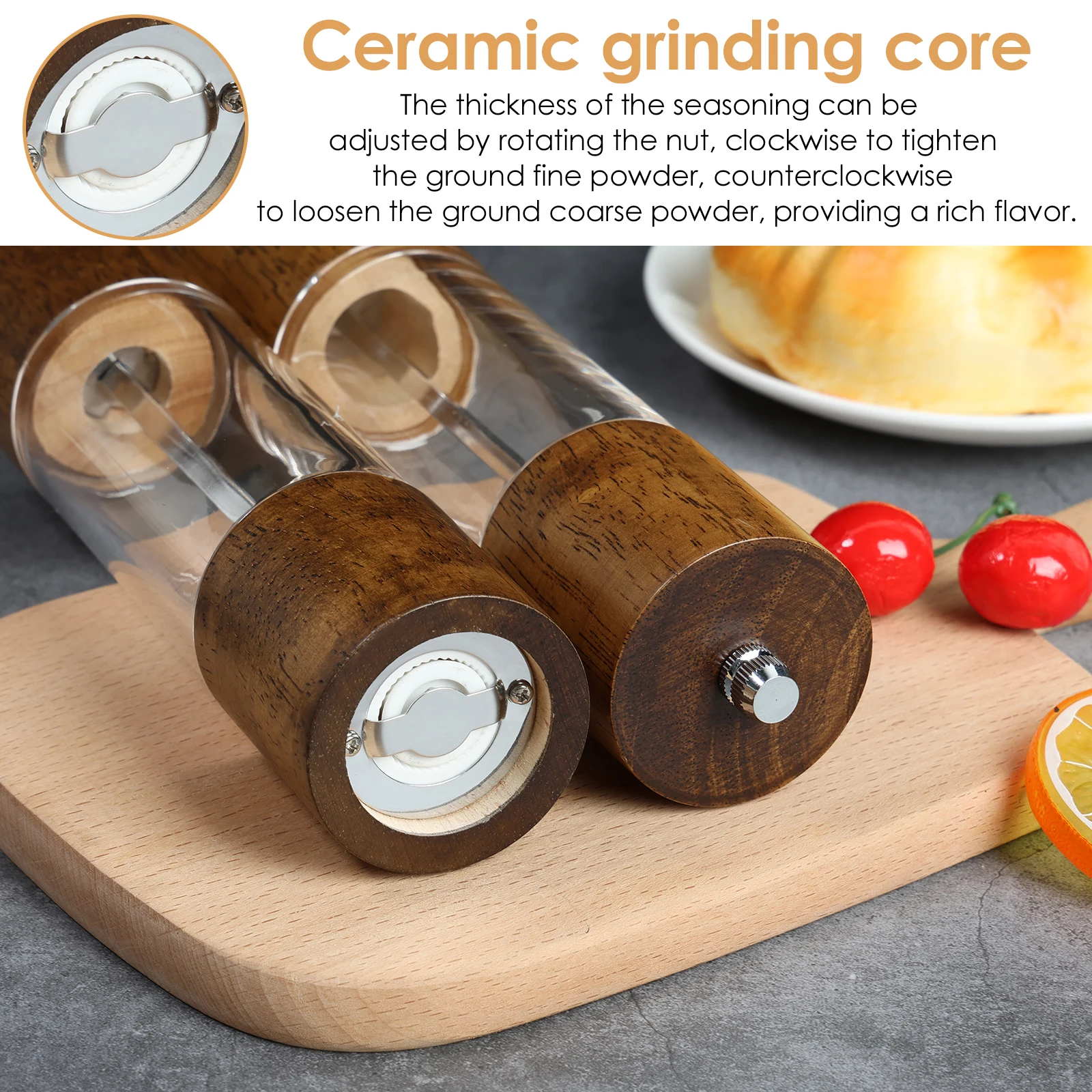 2Pcs Manual Pepper Grinder Wooden Spice Grinder with Adjustable Ceramic Core Sea ​​Salt Grinders for Cooking Kitchen Accessories