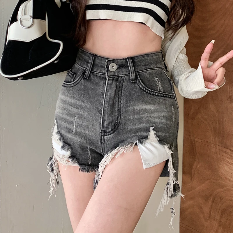 

Women's Denim Shorts Washed Ripped Holes Raw Edges Fashion High Street Sexy Dilapidated Female Short Jeans Blue Grey