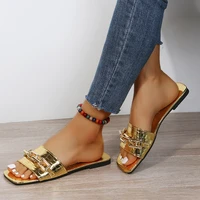 2024 Summer Flat Bottom Women's Slippers Trend Fashion Outdoor Beach Golden Chain Design Flip-Flops Square Toe Open Toe Slippers 2