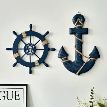 Timone e ancora per nave in legno nautica da 2 pezzi con corda, decorazione da parete per porta, ornamento da appendere, decorazione per la casa a tema spiaggia