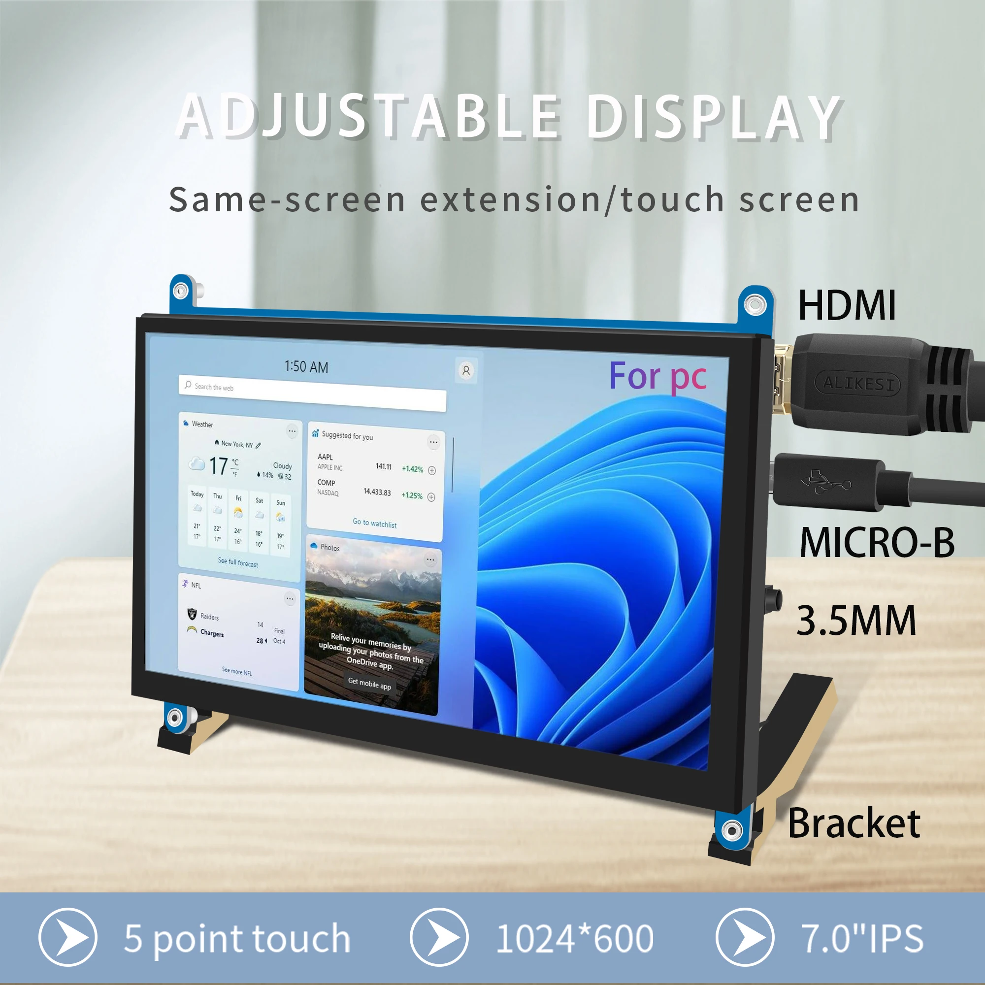 Schermo Raspberry Pi, Monitor Touchscreen Kepifo, Ips Hd 1024 × 600, Touch Capacitivo Reattivo, Doppia Retroilluminazione Integrata, Ingresso Hdmi