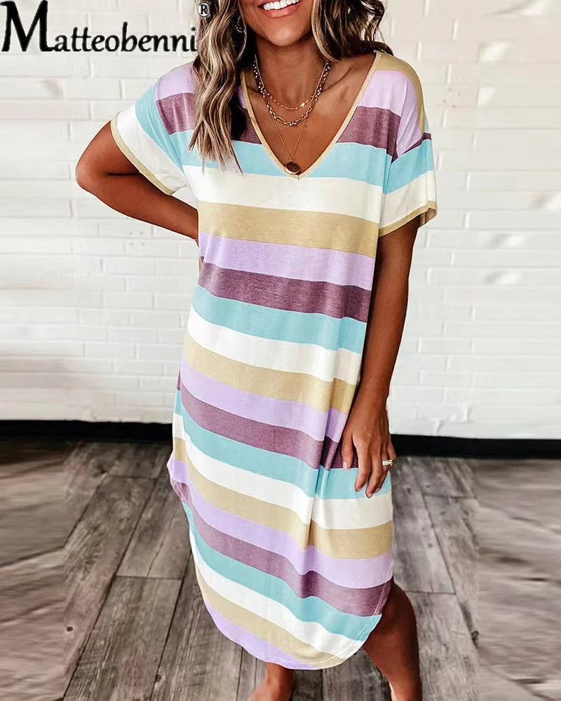 

2022 Summer Sexy V Neck Casual Long Dress Vintage Striped Printed Straight Dress Women Casual Short Sleeve Loose Party Dress