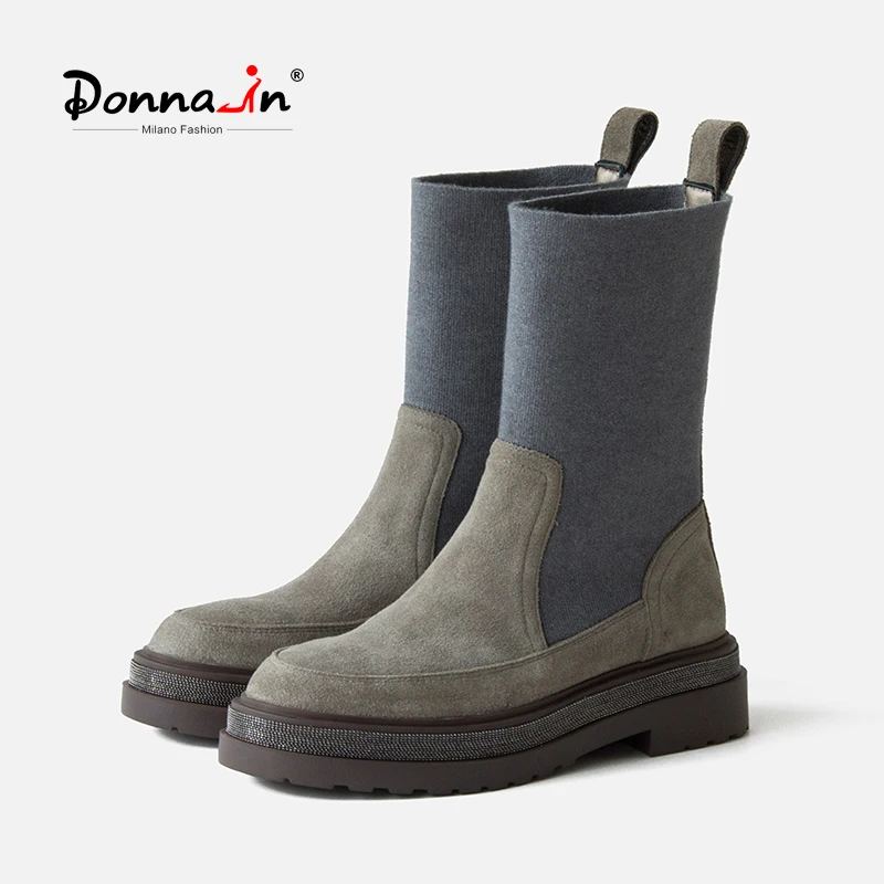 

Donna-in Fashion Women Chelsea Boots Luxury Cow Suede Square Toe Elastic Slip-on Platform Sole Stitchin Ladies Mid-Calf Booties